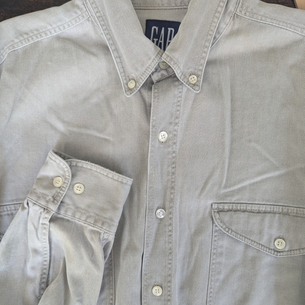 Vtg Gap Button Down Shirt Khaki Tan Cotton Twill Long Sleeve Sz L Minimalist